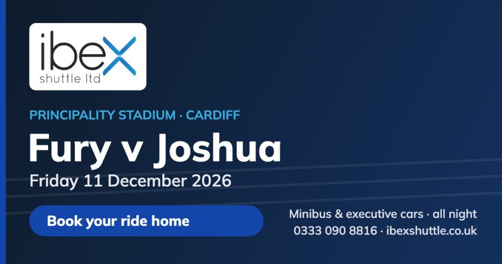 Ibex Shuttle fight-night transport for Fury v Joshua at the Principality Stadium, Cardiff, 11 December 2026