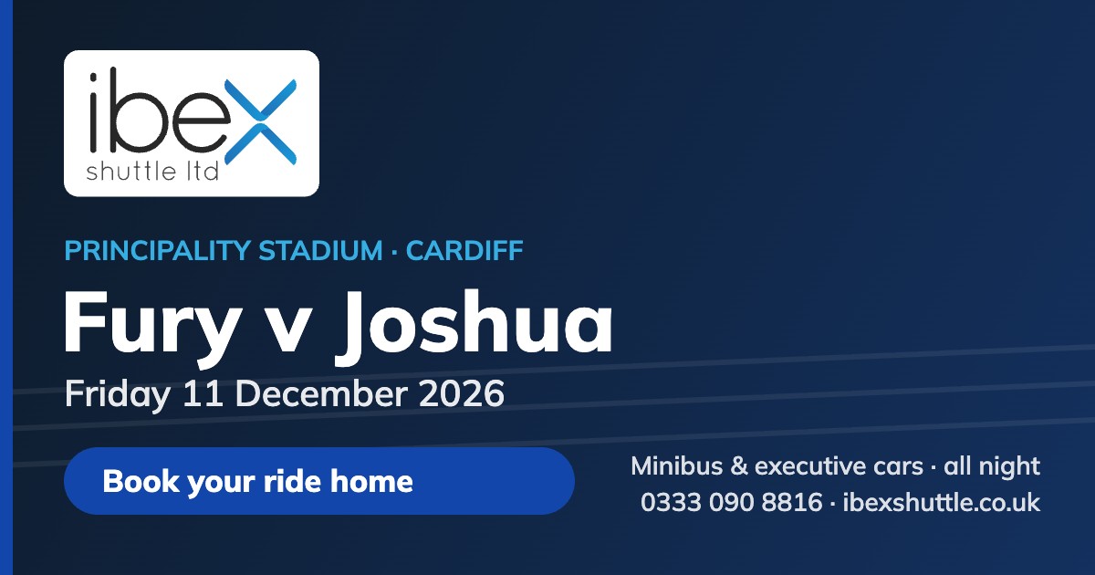 Ibex Shuttle fight-night transport for Fury v Joshua at the Principality Stadium, Cardiff, 11 December 2026